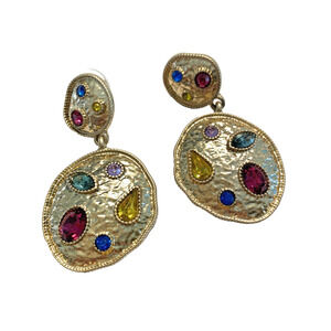 Vintage Pierced Earrings Mod Hammered Gold Drop & Dangle Colorful Rhinestones